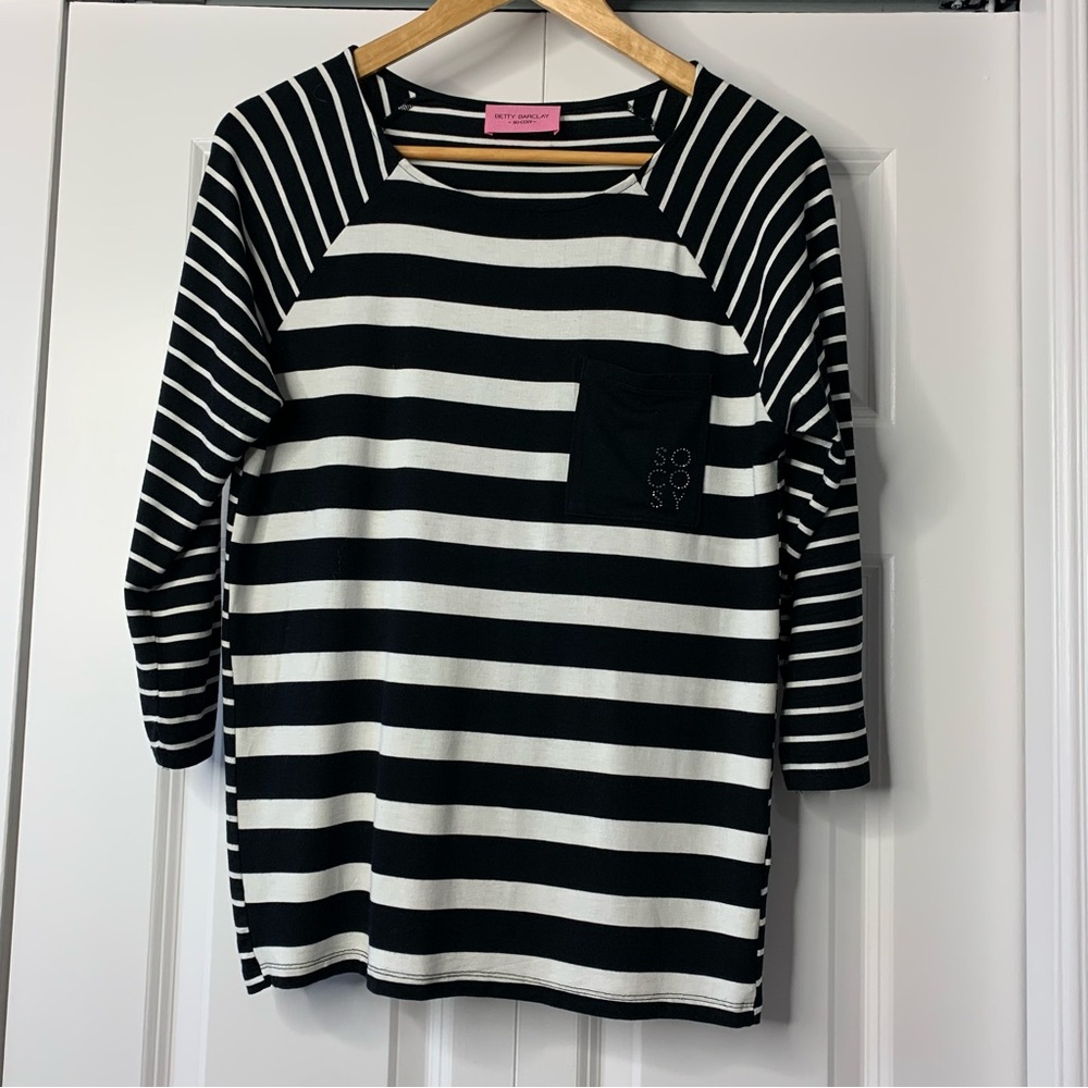 Betty Barclay SO COZY Black White Striped LSleeve Tee. Rhinestones. Size 8